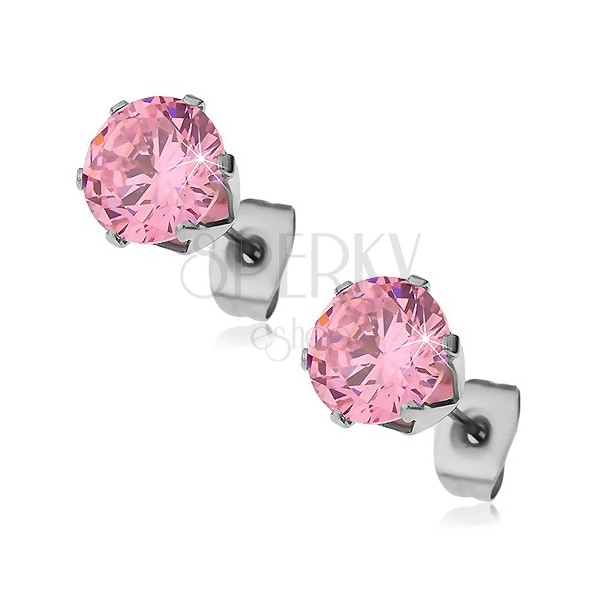 Earrings made of 316L steel with pink zircon, 8 mm