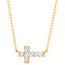 Necklace made of yellow 14K gold - glossy zircon cross, shiny chain