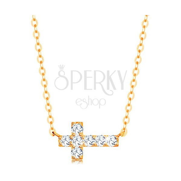 Necklace made of yellow 14K gold - glossy zircon cross, shiny chain