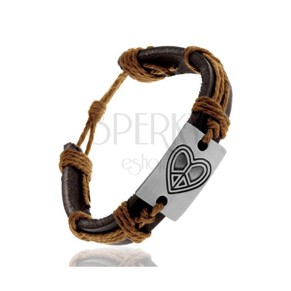 Bracelet made of synthetic leather in brown colour, strings, oblong with carved heart