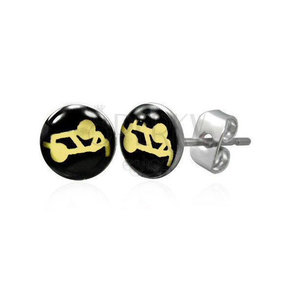 Steel earrings in a silver colour - sexual position on a black background, clear glaze