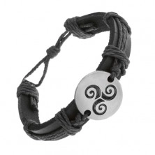 Bracelet made of black synthetic leather and strings, circle with black Tribal sprial