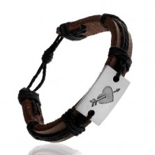 Dark brown leather bracelet, wrapped strings, oblong with heart and arrow