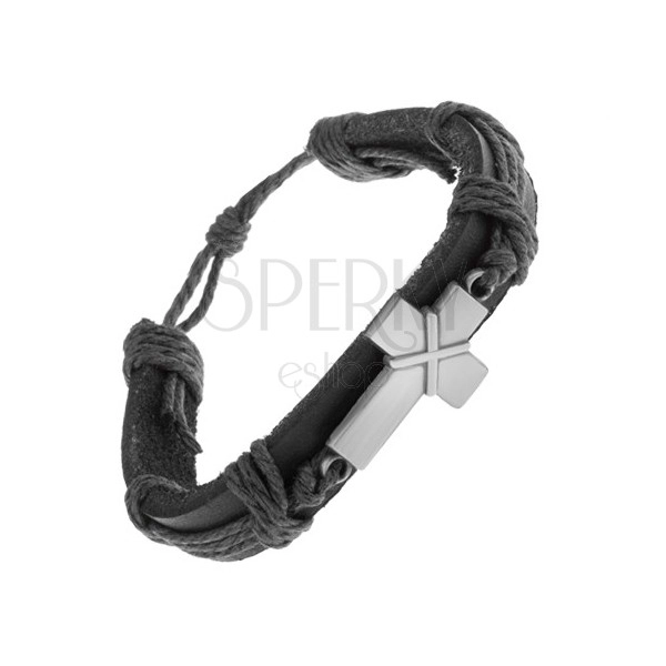 Leather bracelet in black colour, patinated cross with intersecting lines