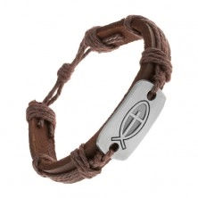 Dark brown bracelet made of synthetic leather and strings, shiny tag - fish with cross