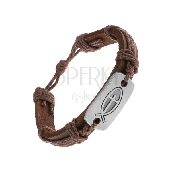 Dark brown bracelet made of synthetic leather and strings, shiny tag - fish with cross