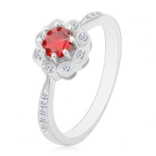 925 silver rhodium plated ring, glossy flower with red-orange zircon 