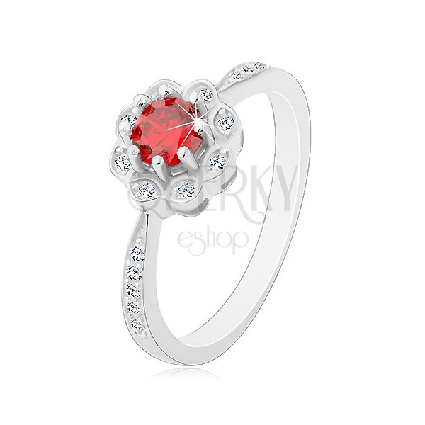 925 silver rhodium plated ring, glossy flower with red-orange zircon 