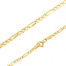 Shiny gold chain 585, three oval links, flattened oblong eyelet, 600 mm