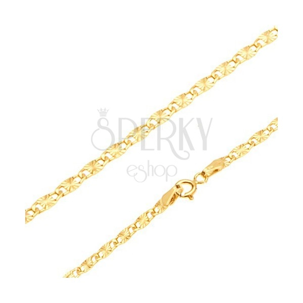 Bracelet, yellow 14K gold - flat elongated links, radial notches, 180 mm
