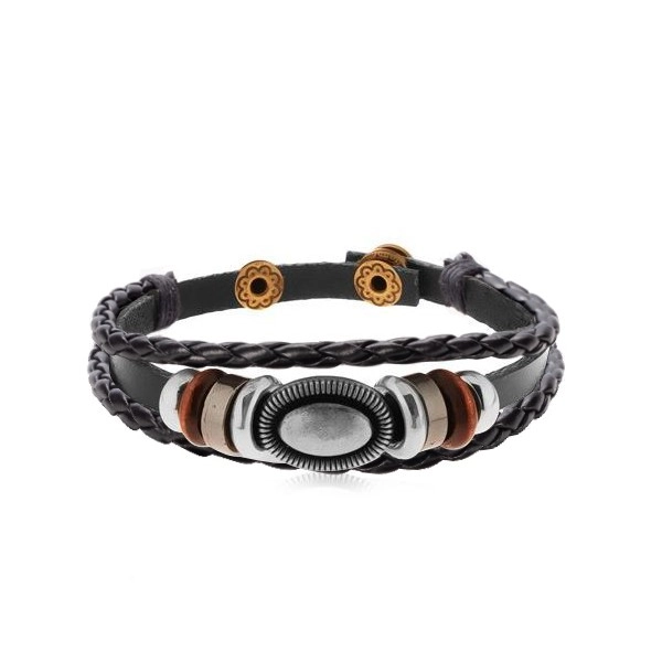 Bracelet made of black leather band with beads of metal and wood, oval with notches