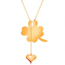 Necklace made of yellow 14K gold - four-leaf clover and dangling heart, shiny chain
