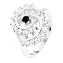 Ring in silver colour, big spiral composed of clear zircons with black centre