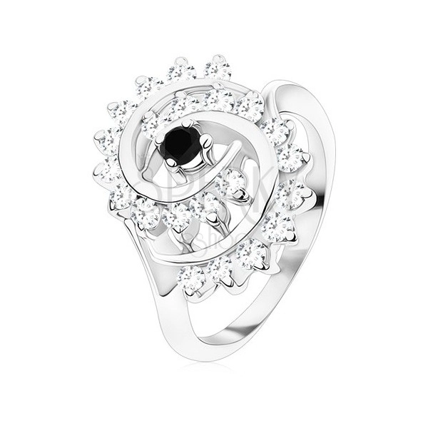 Ring in silver colour, big spiral composed of clear zircons with black centre