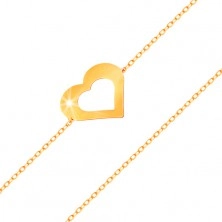 Bracelet made of yellow 14K gold - fine chain, flat heart contour, shiny smooth surface