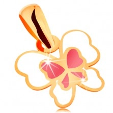 Pendant made of yellow 14K gold, butterfly decorated with white and pink glaze