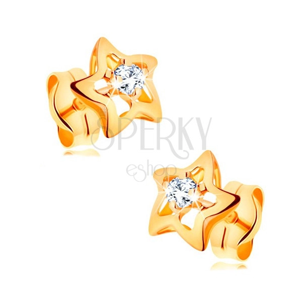 14K gold earrings - glossy stars with clear zircon in the middle