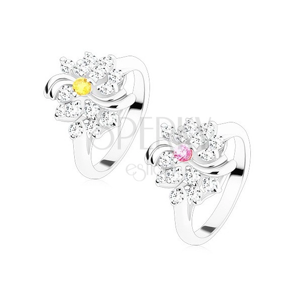 Ring in silver hue, clear flower with coloured centre, shiny arcs