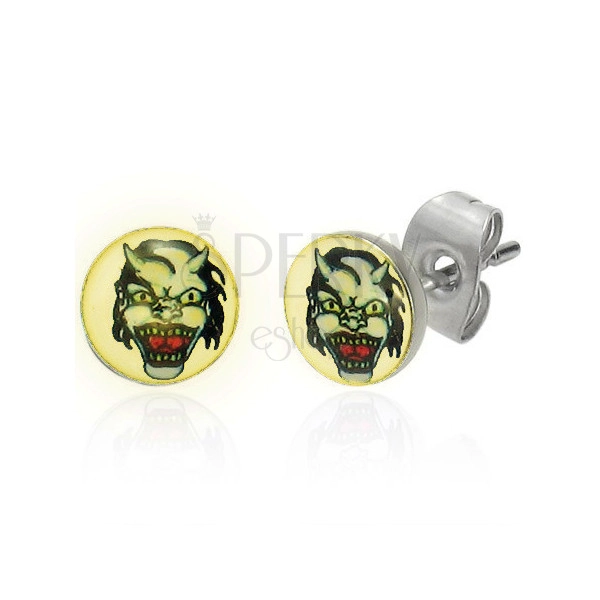 Steel earrings – devil´s face with horns, light background, clear glaze, studs