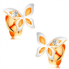 Earrings made of 14K gold - bicoloured butterfly with round clear zircon