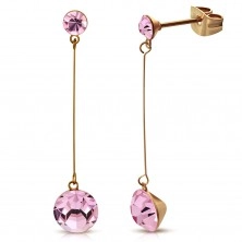 Earrings made of 316L steel in copper colour, thin post, two pink zircons
