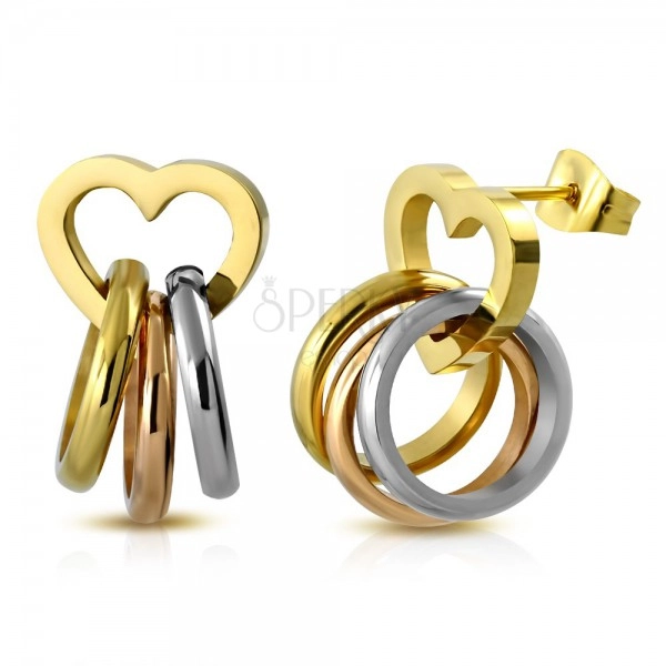 Steel earrings, tricoloured rings on shiny heart contour, studs