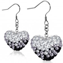 Black-white earrings made of surgical steel, glossy heart with zircons, Afrohooks