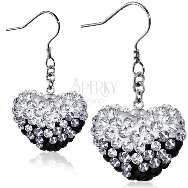 Black-white earrings made of surgical steel, glossy heart with zircons, Afrohooks
