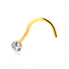 Bent nose piercing made of yellow 585 gold - sparkly round zircon in clear colour
