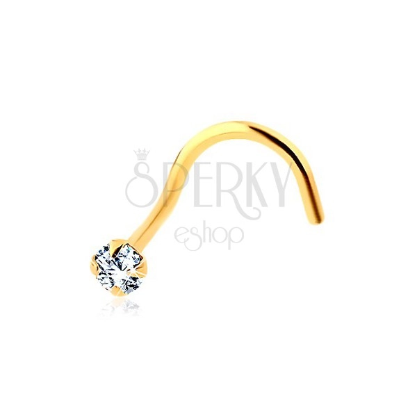 Bent nose piercing made of yellow 585 gold - sparkly round zircon in clear colour