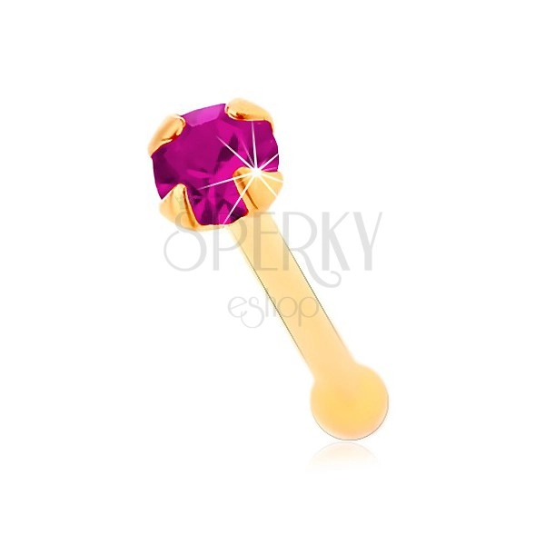 Straight nose piercing in yellow 14K gold - zircon in fuchsia colour, 1,5 mm