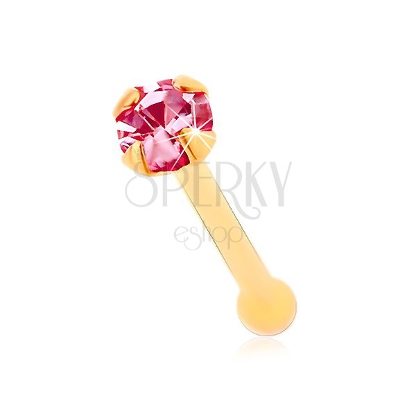 585 gold nose piercing, straight - glittering zircon in pink colour, 1,5 mm