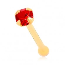 Nose piercing, yellow 14K gold, straight - round shimmering red zircon, 1,5 mm