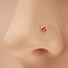 Nose piercing, yellow 14K gold, straight - round shimmering red zircon, 1,5 mm