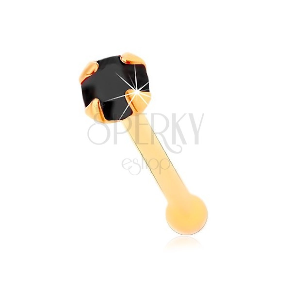 Nose piercing made of yellow 14K gold, round zircon in black hue, 1,5 mm