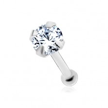 Straight nose piercing made of white 14K gold - round clear zircon, 2 mm