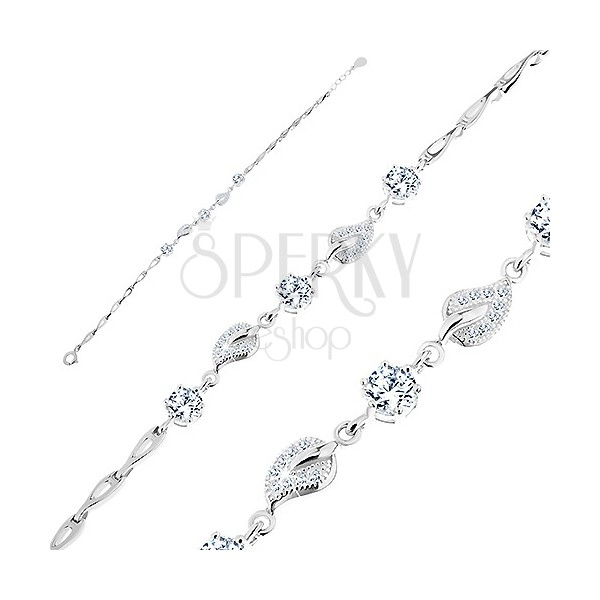 925 silver bracelet, adjustable, shiny links, clear zircons and leaves