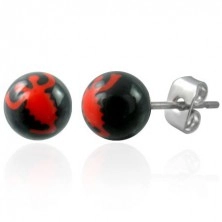 Black ball earrings - red scorpion