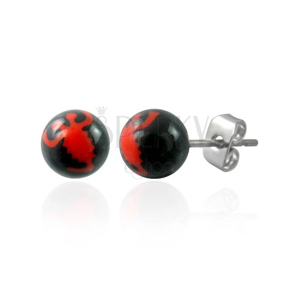 Black ball earrings - red scorpion