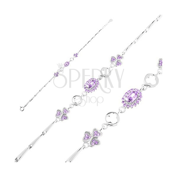 925 silver bracelet, adjustable, shiny links, violet oval, trefoils