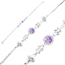 Bracelet made of 925 silver, adjustable, violet zircon with clear border, flowers, hearts