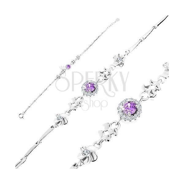 Bracelet made of 925 silver, adjustable, violet zircon with clear border, flowers, hearts