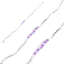 Bracelet made of 925 silver, waved links, round violet zircons and shiny strips