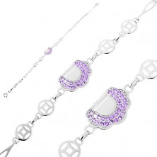 Adjustable bracelet - 925 silver, teardrop links, handbag with violet zircons
