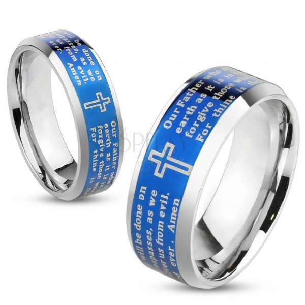Steel band with blue middle strip, cross with prayer, 6 mm