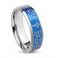 Steel band with blue middle strip, cross with prayer, 6 mm