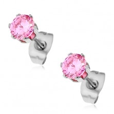 Earrings made of surgical steel, pink round zircon in mount, 5 mm