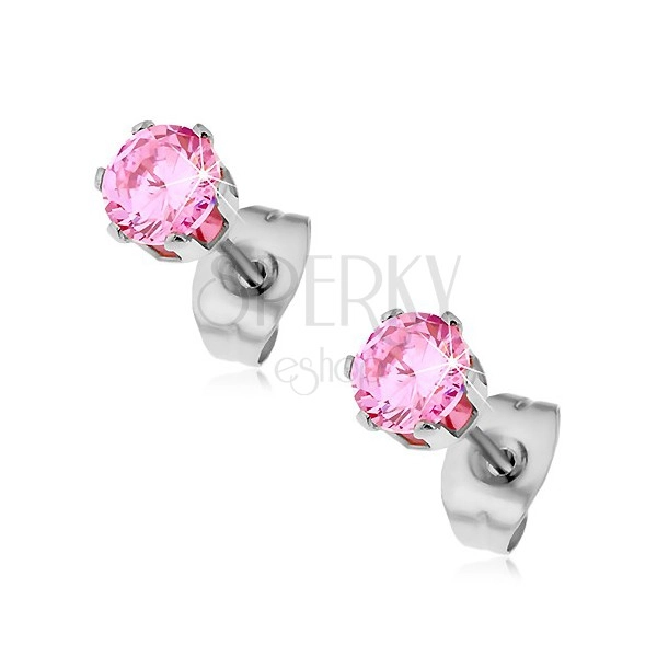 Earrings made of surgical steel, pink round zircon in mount, 5 mm