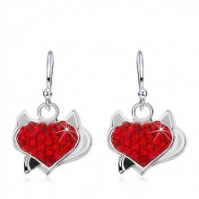 Earrings made of 925 silver, red zircon heart with horns and black tail