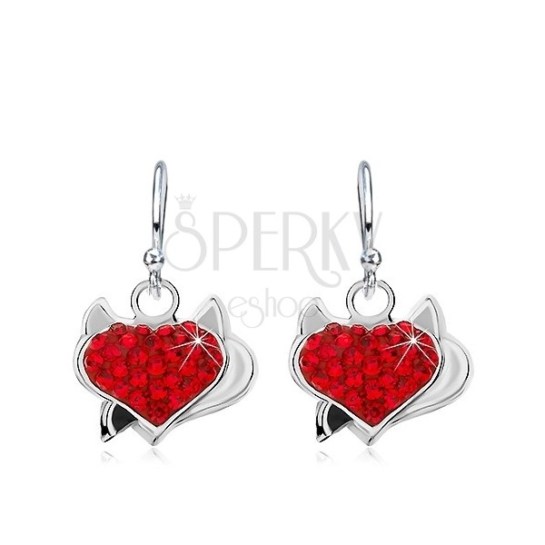 Earrings made of 925 silver, red zircon heart with horns and black tail